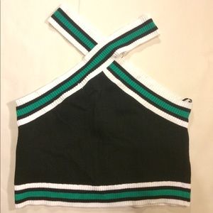 Black Crop Top w/ White & Green Criss-Cross Straps